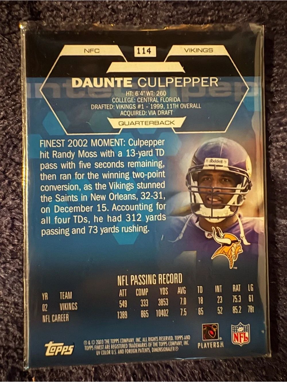 Topps Game-Worn Jersey Daunte Culpepper Football Card - Picture 2 of 2